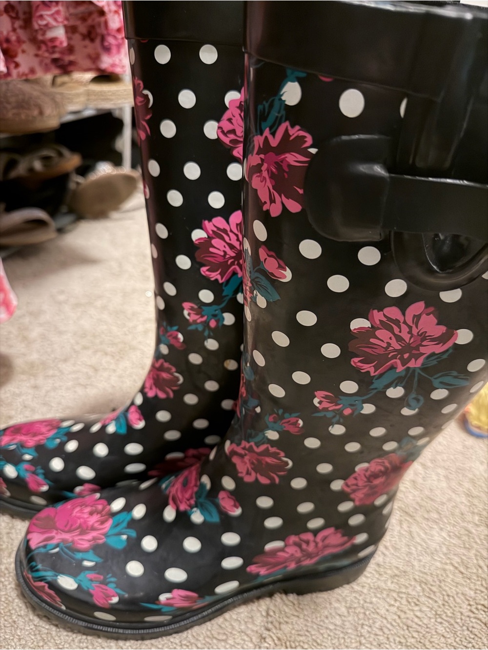 Capelli of New York Black Polka Dot Rain Boots with Pink Floral Accents